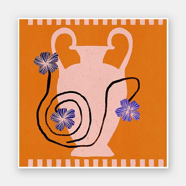 Soft pink Grecian-style vase with swirling black stems and purple blooms on a vivid orange background with a pale pink checkered border, from the Shatha collection with Urban Road.
