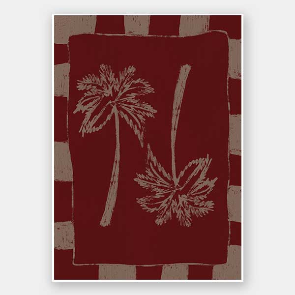 Richly toned composition of mirrored cream palm trees on a burgundy base with a deep red and beige striped frame, from the Shatha collection with Urban Road.