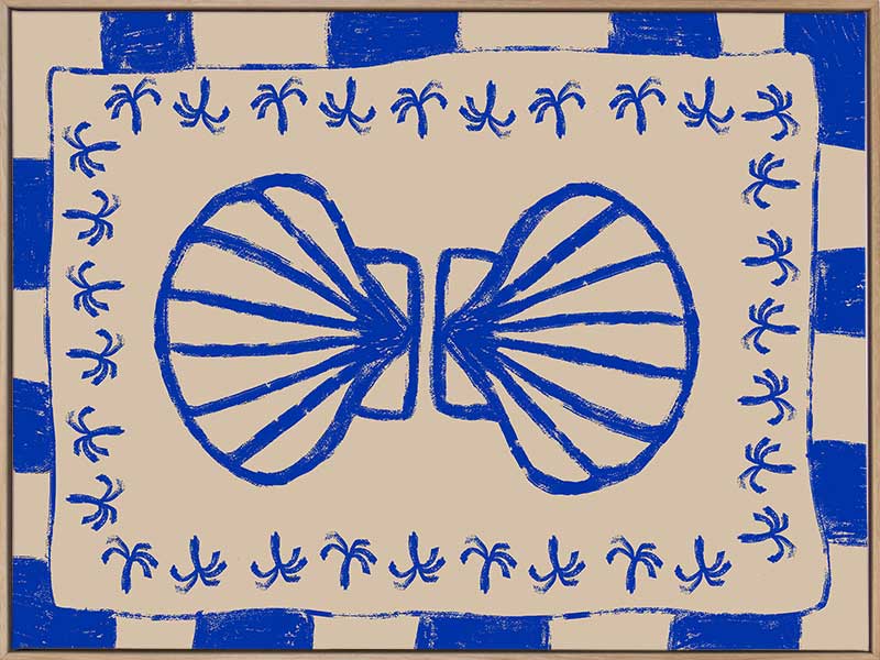 Symmetrical blue shell motif with palm-like flourishes, framed by a blue and cream checkered border on a neutral base, from the Shatha collection with Urban Road.