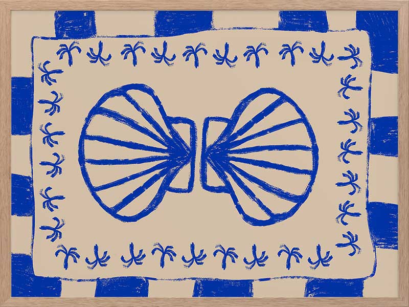 Symmetrical blue shell motif with palm-like flourishes, framed by a blue and cream checkered border on a neutral base, from the Shatha collection with Urban Road.