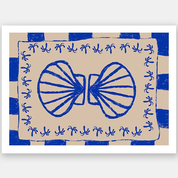 Symmetrical blue shell motif with palm-like flourishes, framed by a blue and cream checkered border on a neutral base, from the Shatha collection with Urban Road.
