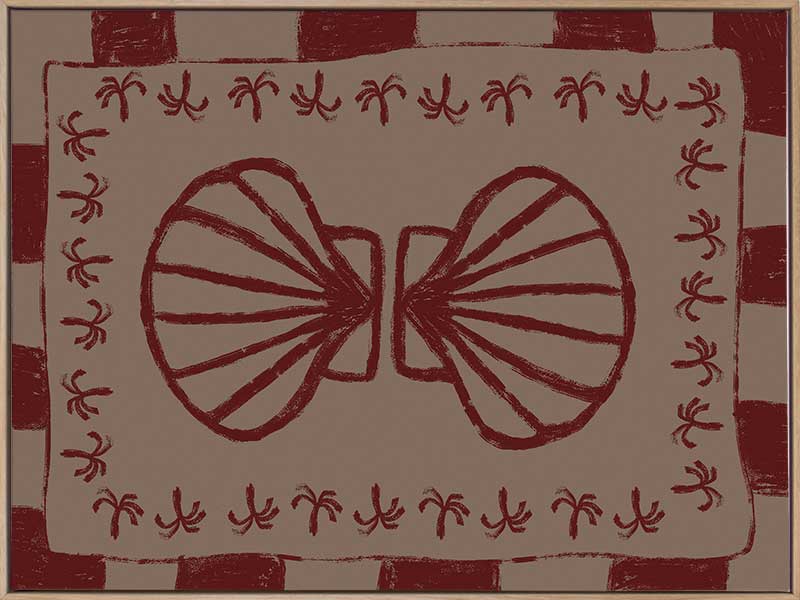 Mirrored burgundy seashell design with curved botanical accents, set on a brown background with a bold burgundy striped border, from the Shatha collection with Urban Road.