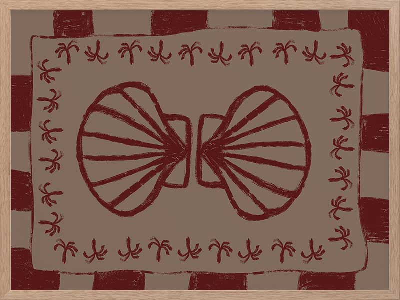 Mirrored burgundy seashell design with curved botanical accents, set on a brown background with a bold burgundy striped border, from the Shatha collection with Urban Road.