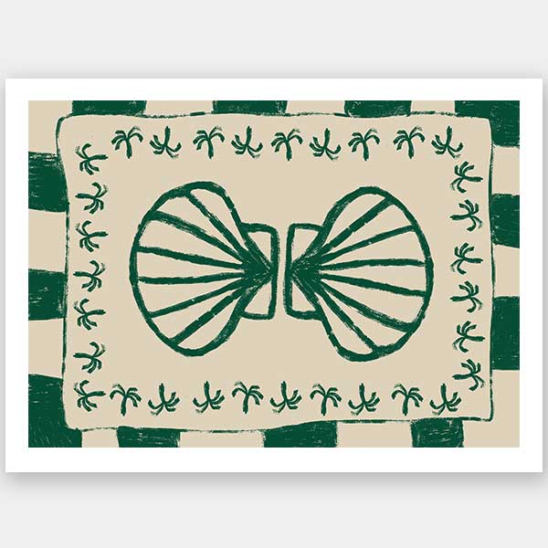 Vibrant green twin-shell illustration with decorative coral-like detailing, framed in green and cream stripes, from the Shatha collection with Urban Road.