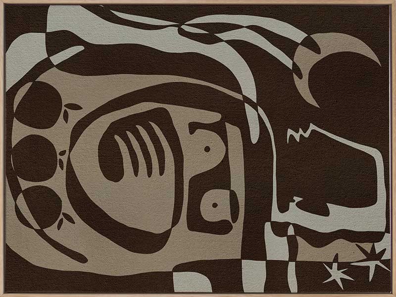 Mystical abstract piece featuring a central figure with etched lines, crescent moon, and floating stars in earthy neutral tones, from the Shatha collection with Urban Road.