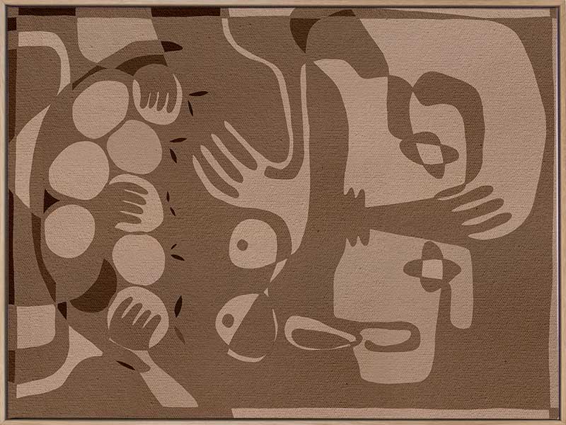 Layered figurative forms in chocolate and taupe tones with abstract hands and expressive gestures, from the Shatha collection with Urban Road.