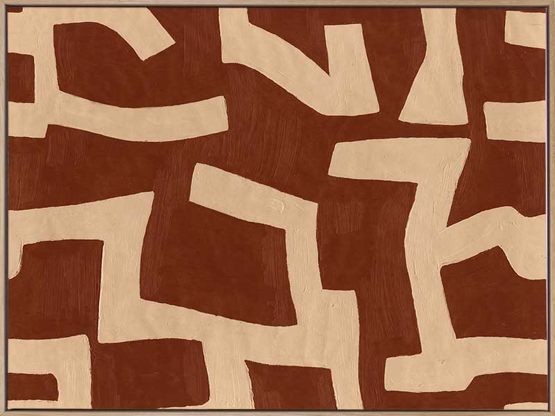 Abstract wall art from the Tim Neve collection by Urban Road, featuring bold terracotta shapes layered over a soft beige background with curved organic lines.
