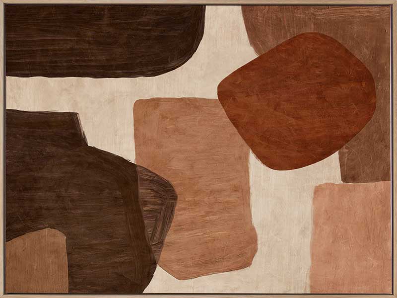 Abstract wall art from the Tim Neve collection by Urban Road, with bold rounded shapes in deep rust, brown, and cream on a neutral backdrop.