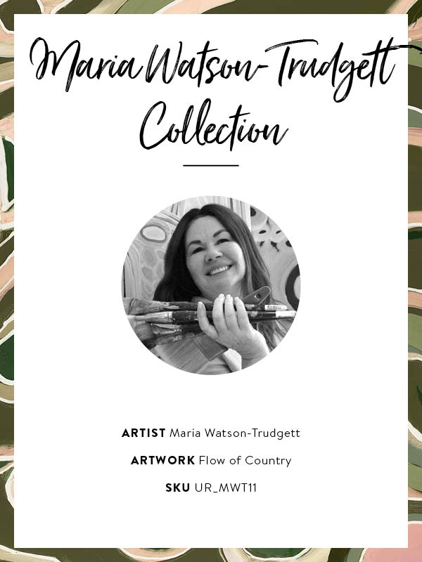 Abstract painting with organic shapes, flowing linework, and layered forms in cream, olive, and dusty pink on a deep green background. From the Maria Watson-Trudgett collection with Urban Road.