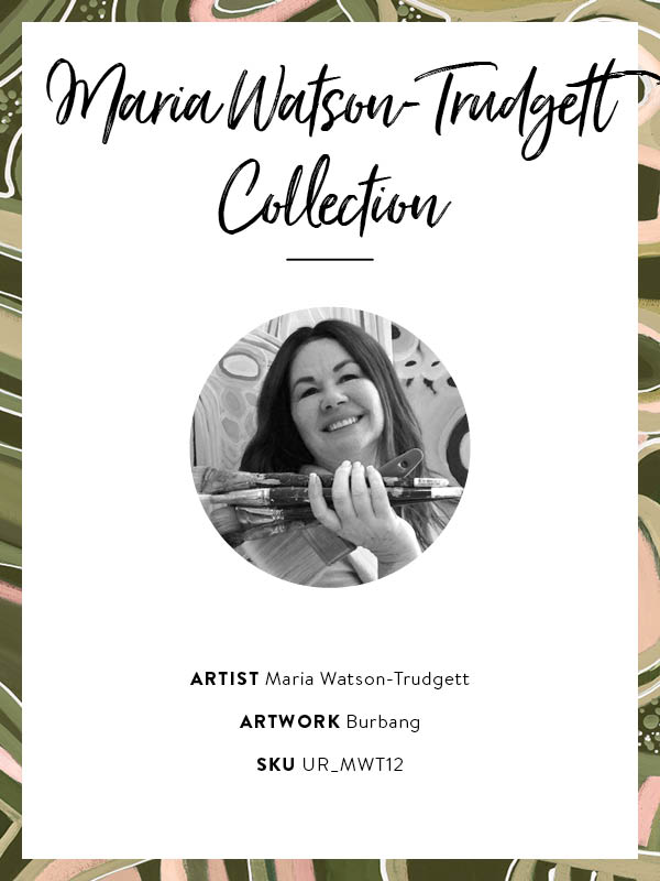 Fluid abstract artwork with curved lines, dotted detailing, and layered shapes in green and pink tones against a forest green base. From the Maria Watson-Trudgett collection with Urban Road.