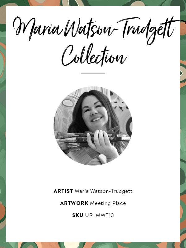 Vibrant circular composition with multicoloured dots and rings in aqua, olive, and coral set on a sage green background. From the Maria Watson-Trudgett collection with Urban Road.