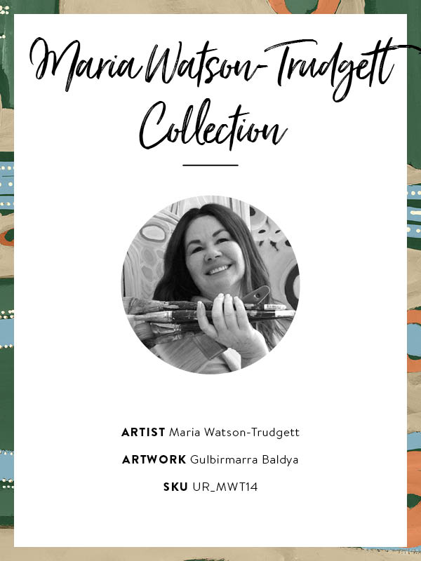 Abstract painting with arched forms, concentric circles, and dotted detailing in blues, oranges, and forest green on a taupe background. From the Maria Watson-Trudgett collection with Urban Road.