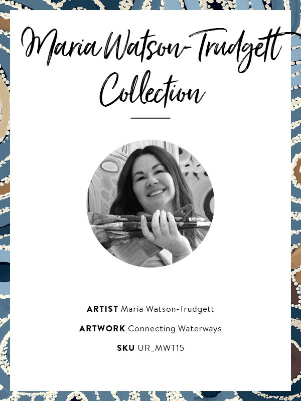 Concentric circle motifs and flowing white dot patterns in navy blue, sky blue, and ochre against a textured pale blue background. From the Maria Watson-Trudgett collection with Urban Road.