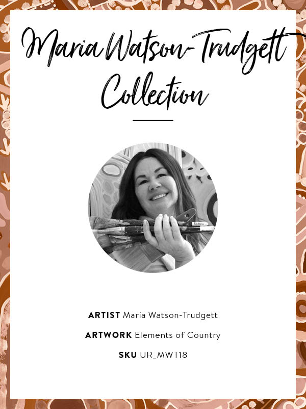 Lively artwork with pink and brown circular motifs, radiating forms, and decorative detailing over a warm clay background. From the Maria Watson-Trudgett collection with Urban Road.