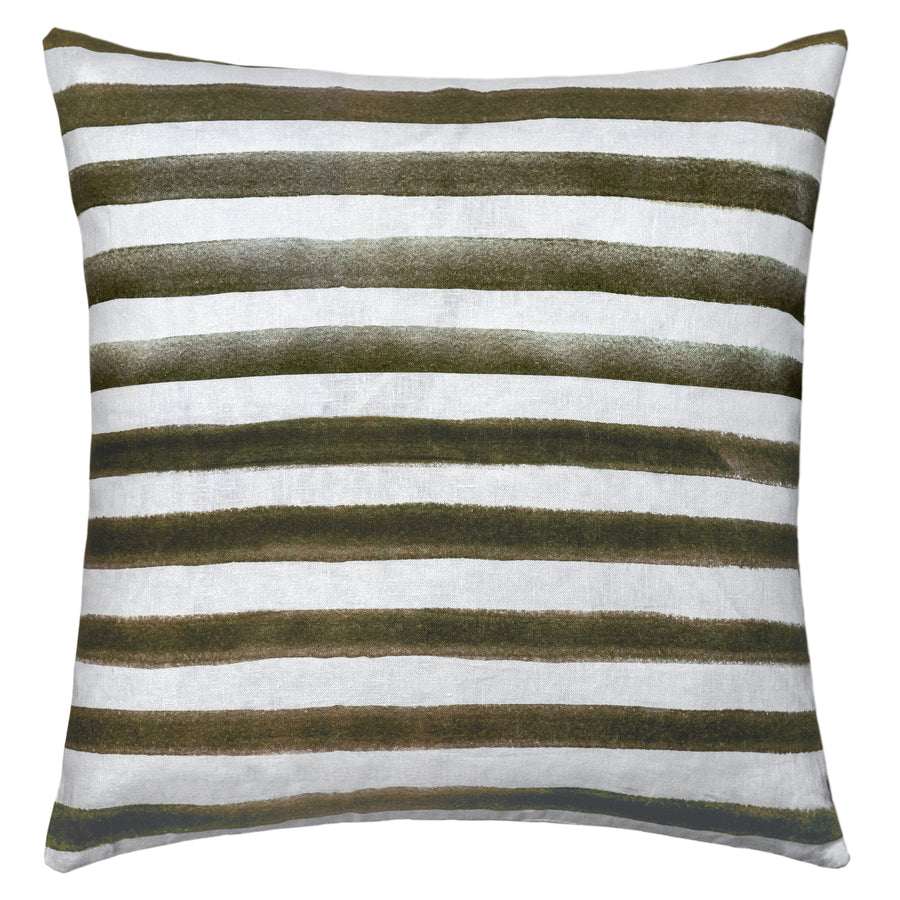 The Rumi Striped Khaki Green Linen Cushion by Urban Road (50x50cm) features hand-painted horizontal stripes in khaki green and white with a watercolor effect, adding an artistic, modern touch to your decor.