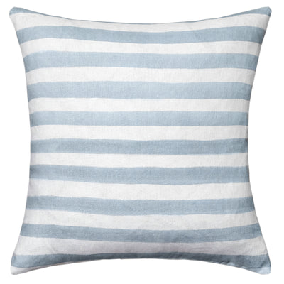 The Rumi Striped Blue Linen Cushion With Feather Insert by Urban Road (50x50cm) features evenly spaced light blue and white horizontal stripes on linen-like fabric, adding a modern, casual touch to your home décor.