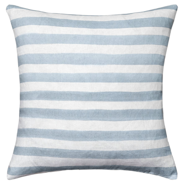 The Rumi Striped Blue Linen Cushion With Feather Insert by Urban Road (50x50cm) features evenly spaced light blue and white horizontal stripes on linen-like fabric, adding a modern, casual touch to your home décor.