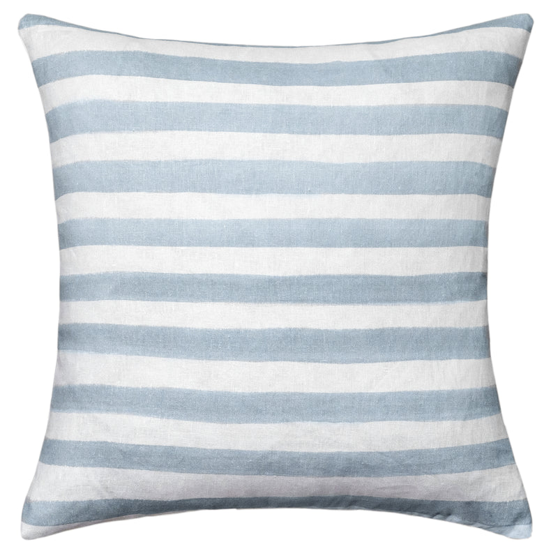 The Rumi Striped Blue Linen Cushion With Feather Insert by Urban Road (50x50cm) features evenly spaced light blue and white horizontal stripes on linen-like fabric, adding a modern, casual touch to your home décor.