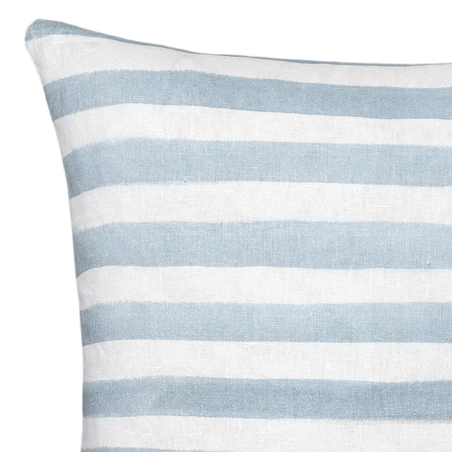 The Rumi Striped Blue Linen Cushion With Feather Insert by Urban Road (50x50cm) features evenly spaced light blue and white horizontal stripes on linen-like fabric, adding a modern, casual touch to your home décor.