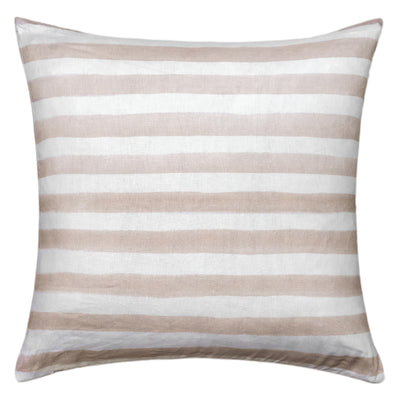 The Urban Road Rumi Striped Nude Linen Cushion With Feather Insert (50x50cm) features horizontal beige and white stripes, adding a Scandinavian touch to your boho decor, shown here against a plain white background.