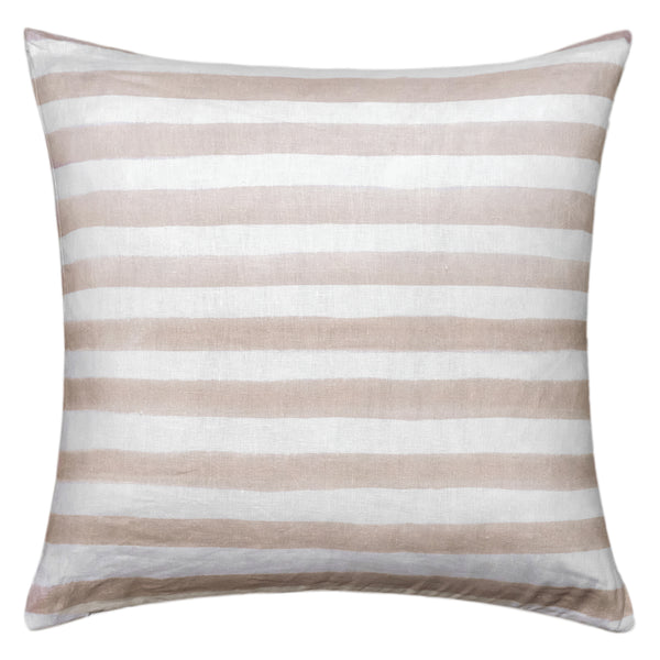 The Urban Road Rumi Striped Nude Linen Cushion With Feather Insert (50x50cm) features horizontal beige and white stripes, adding a Scandinavian touch to your boho decor, shown here against a plain white background.