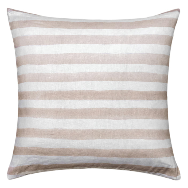 The Urban Road Rumi Striped Nude Linen Cushion With Feather Insert (50x50cm) features horizontal beige and white stripes, adding a Scandinavian touch to your boho decor, shown here against a plain white background.