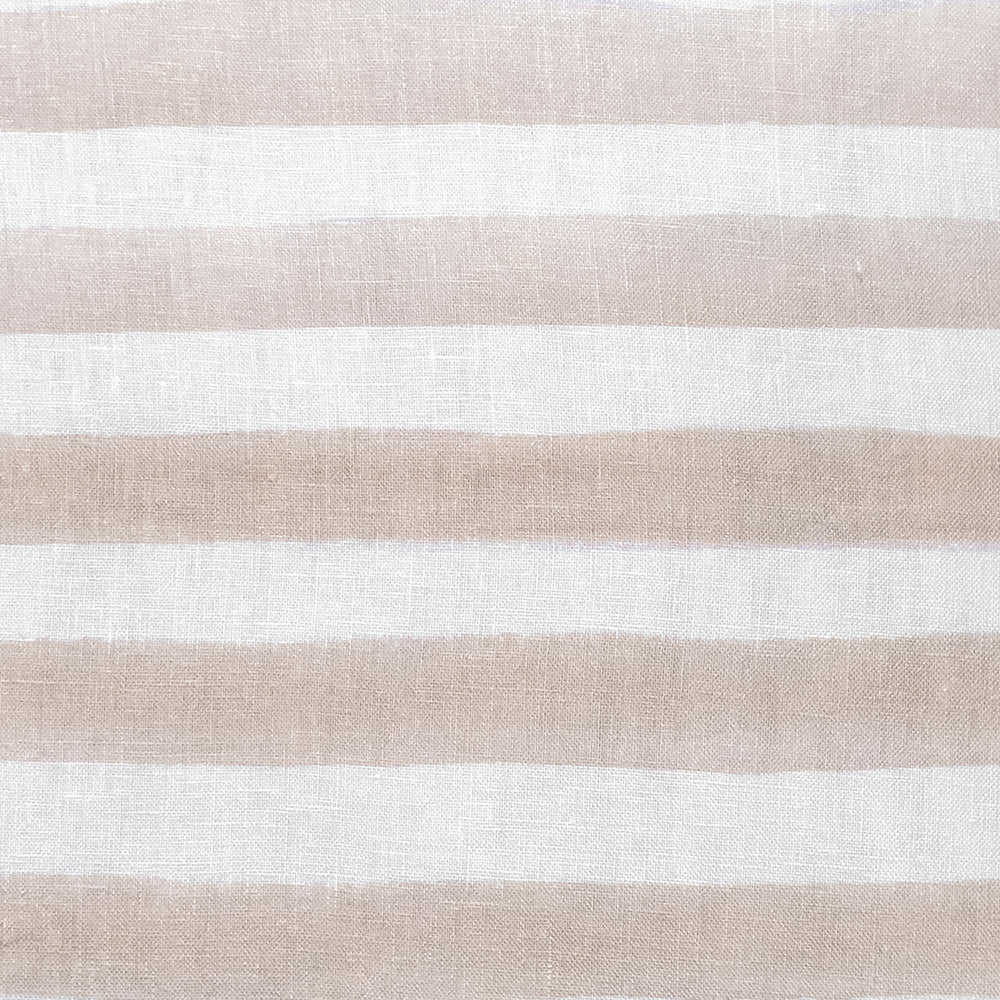 The Urban Road Rumi Striped Nude Linen Cushion With Feather Insert (50x50cm) features horizontal beige and white stripes, adding a Scandinavian touch to your boho decor, shown here against a plain white background.