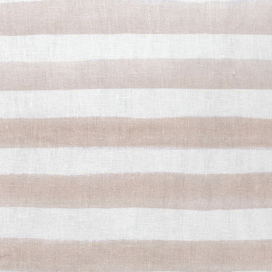The Urban Road Rumi Striped Nude Linen Cushion With Feather Insert (50x50cm) features horizontal beige and white stripes, adding a Scandinavian touch to your boho decor, shown here against a plain white background.