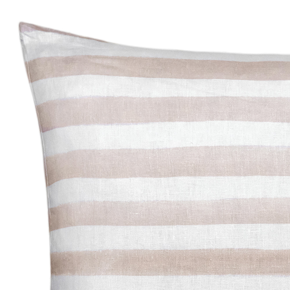 The Urban Road Rumi Striped Nude Linen Cushion With Feather Insert (50x50cm) features horizontal beige and white stripes, adding a Scandinavian touch to your boho decor, shown here against a plain white background.