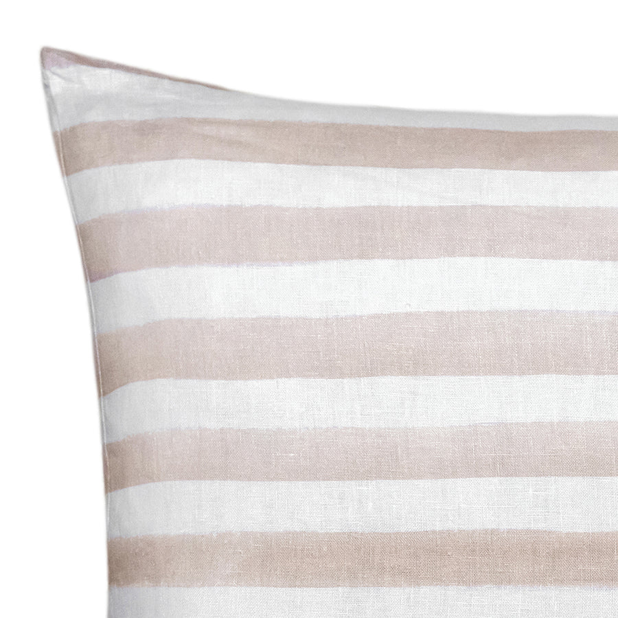The Urban Road Rumi Striped Nude Linen Cushion With Feather Insert (50x50cm) features horizontal beige and white stripes, adding a Scandinavian touch to your boho decor, shown here against a plain white background.