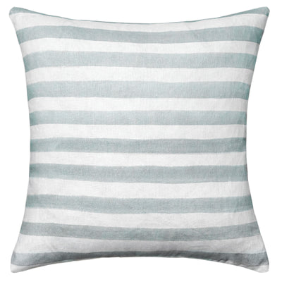 The Urban Road Rumi Striped Sage Green Linen Cushion (50x50cm) features horizontal sage green and white stripes on linen fabric, shown with a feather insert against a plain white background.