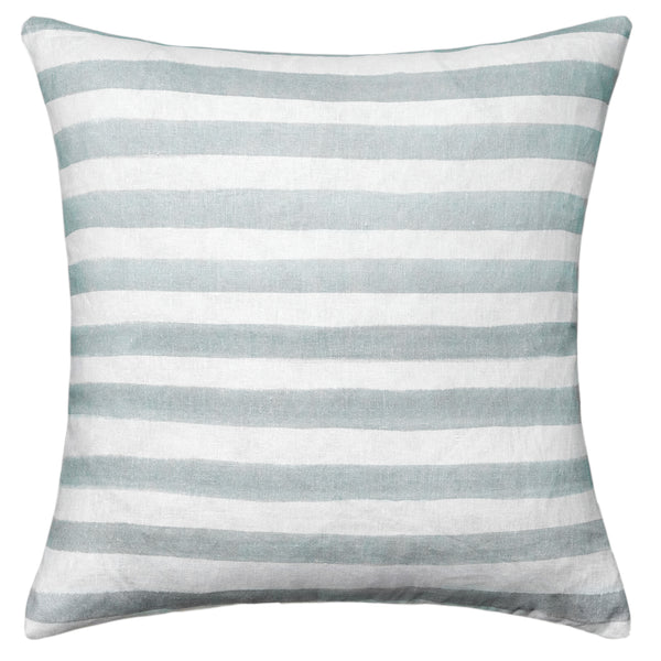 The Urban Road Rumi Striped Sage Green Linen Cushion (50x50cm) features horizontal sage green and white stripes on linen fabric, shown with a feather insert against a plain white background.