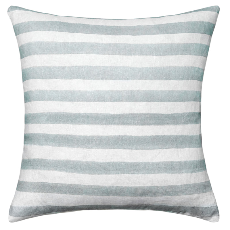 The Urban Road Rumi Striped Sage Green Linen Cushion (50x50cm) features horizontal sage green and white stripes on linen fabric, shown with a feather insert against a plain white background.
