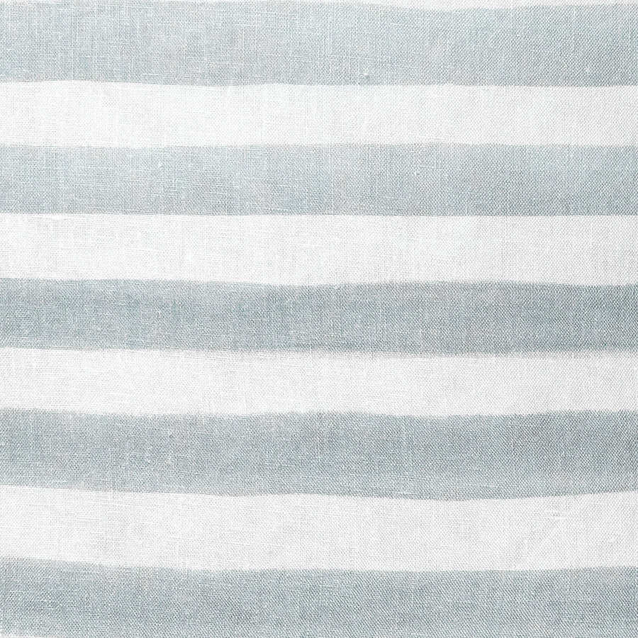 The Urban Road Rumi Striped Sage Green Linen Cushion (50x50cm) features horizontal sage green and white stripes on linen fabric, shown with a feather insert against a plain white background.