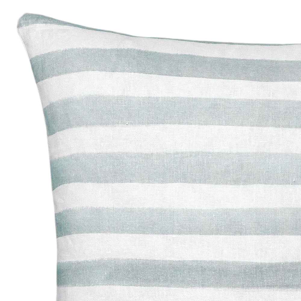 The Urban Road Rumi Striped Sage Green Linen Cushion (50x50cm) features horizontal sage green and white stripes on linen fabric, shown with a feather insert against a plain white background.