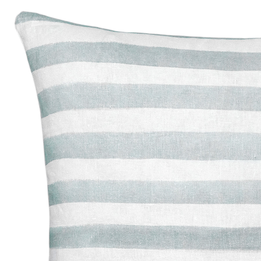 The Urban Road Rumi Striped Sage Green Linen Cushion (50x50cm) features horizontal sage green and white stripes on linen fabric, shown with a feather insert against a plain white background.