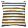 The Rumi Striped Olive Green Linen Cushion by Urban Road (50x50cm) features watercolor-style horizontal olive green and brownish-gold stripes with white, giving it a hand-painted Scandinavian look, shown on a white background.
