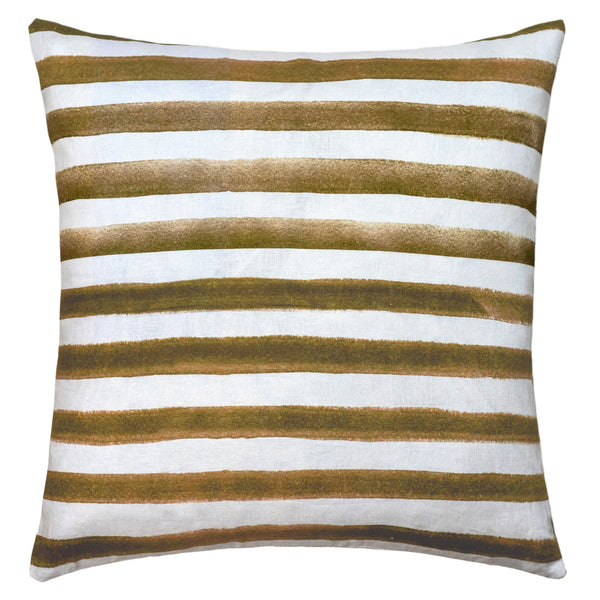 The Rumi Striped Olive Green Linen Cushion by Urban Road (50x50cm) features watercolor-style horizontal olive green and brownish-gold stripes with white, giving it a hand-painted Scandinavian look, shown on a white background.