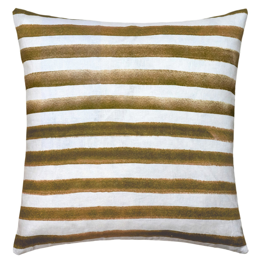 The Rumi Striped Olive Green Linen Cushion by Urban Road (50x50cm) features watercolor-style horizontal olive green and brownish-gold stripes with white, giving it a hand-painted Scandinavian look, shown on a white background.