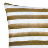 The Rumi Striped Olive Green Linen Cushion by Urban Road (50x50cm) features watercolor-style horizontal olive green and brownish-gold stripes with white, giving it a hand-painted Scandinavian look, shown on a white background.