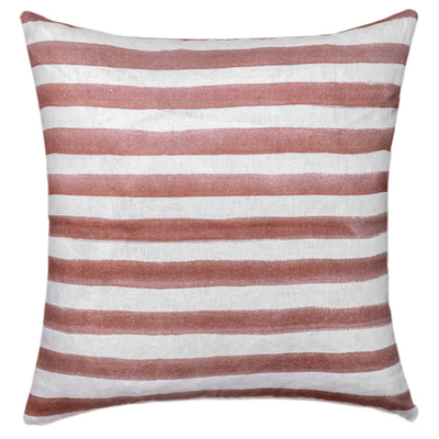 The Rumi Striped Terracotta Linen Cushion With Feather Insert (50x50cm) by Urban Road features hand-painted, uneven reddish-brown stripes on white—ideal for adding a modern boho touch to your decor.