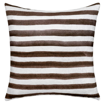 The Rumi Striped Chocolate Linen Cushion by Urban Road features horizontal brown and white stripes with a hand-painted effect, curved edges, and measures 50x50cm—a stylish accent for your home decor.