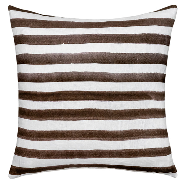 The Rumi Striped Chocolate Linen Cushion by Urban Road features horizontal brown and white stripes with a hand-painted effect, curved edges, and measures 50x50cm—a stylish accent for your home decor.