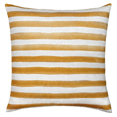 Add chic Scandinavian style to your space with the Urban Road Rumi Striped Mustard Linen Cushion With Feather Insert (50x50cm), featuring a white background and horizontal mustard yellow watercolor stripes.
