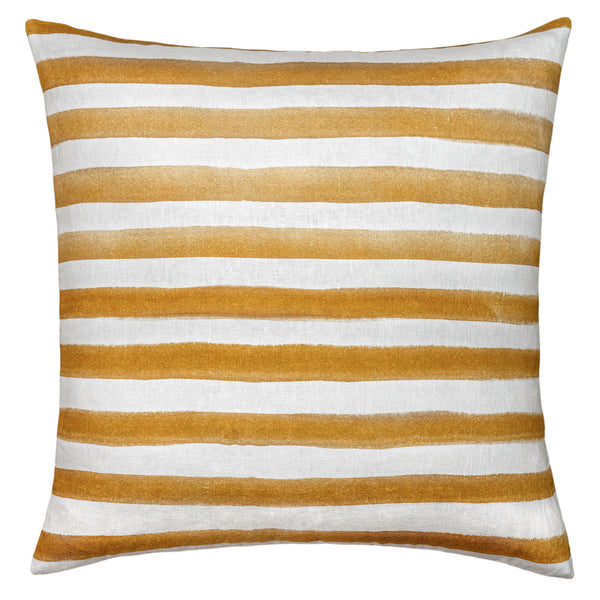 Add chic Scandinavian style to your space with the Urban Road Rumi Striped Mustard Linen Cushion With Feather Insert (50x50cm), featuring a white background and horizontal mustard yellow watercolor stripes.