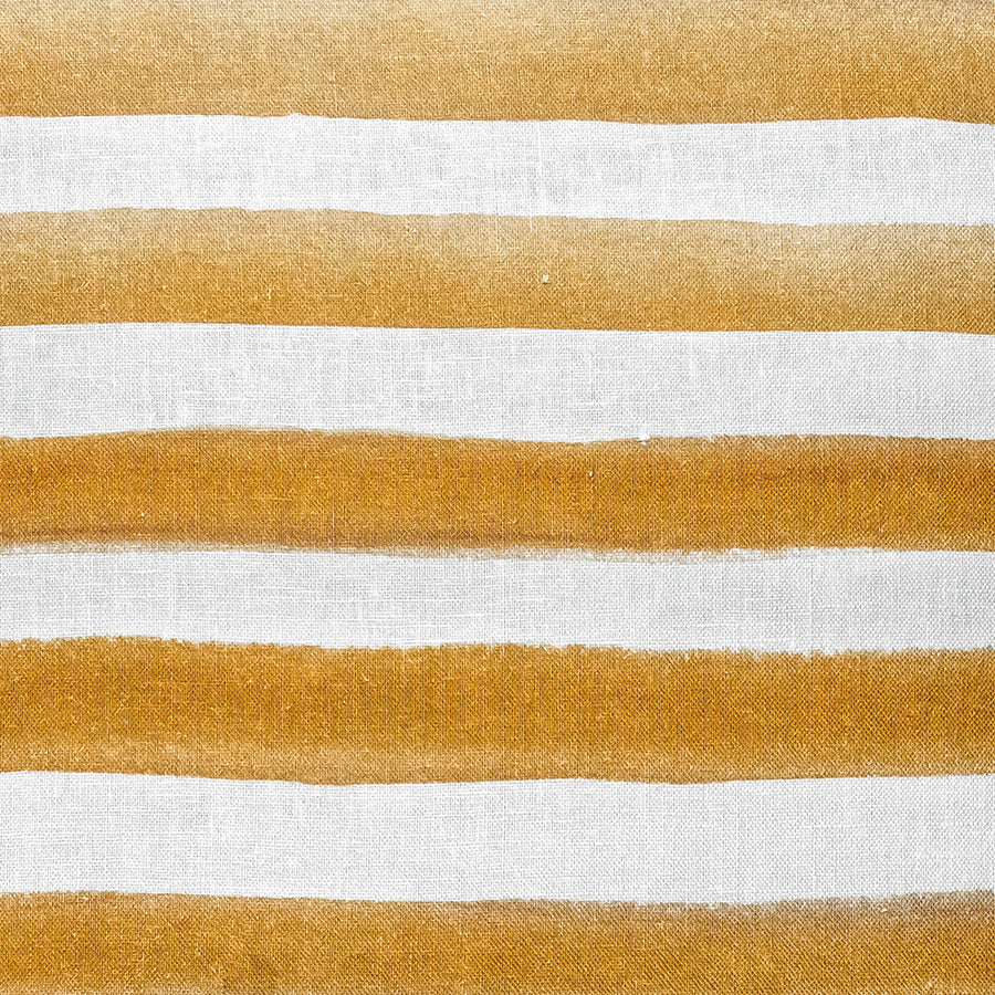 Add chic Scandinavian style to your space with the Urban Road Rumi Striped Mustard Linen Cushion With Feather Insert (50x50cm), featuring a white background and horizontal mustard yellow watercolor stripes.