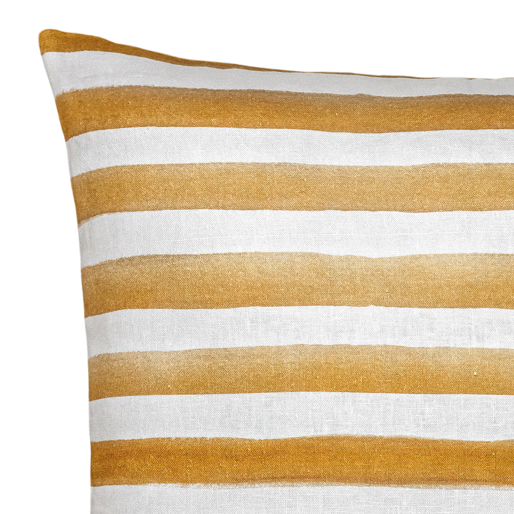 Add chic Scandinavian style to your space with the Urban Road Rumi Striped Mustard Linen Cushion With Feather Insert (50x50cm), featuring a white background and horizontal mustard yellow watercolor stripes.