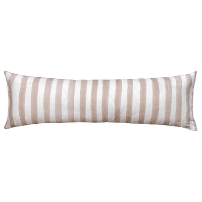 The Urban Road Ziggy Striped Nude Long Lumbar Linen Cushion (90x30cm) features horizontal beige and white stripes, adding stylish comfort to your home decor. Shown set against a white background.