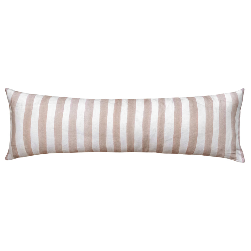 The Urban Road Ziggy Striped Nude Long Lumbar Linen Cushion (90x30cm) features horizontal beige and white stripes, adding stylish comfort to your home decor. Shown set against a white background.