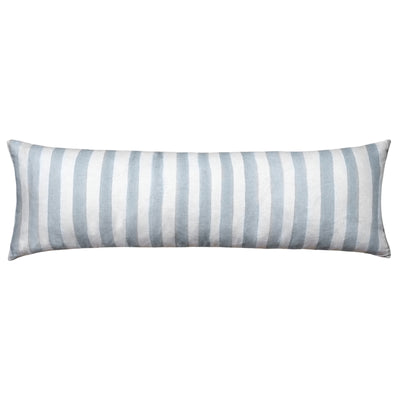 The Urban Road Ziggy Striped Blue Long Lumbar Linen Cushion with Feather Insert (90x30cm) features light blue and white vertical stripes, adding a Scandinavian touch, and is shown against a plain white background.
